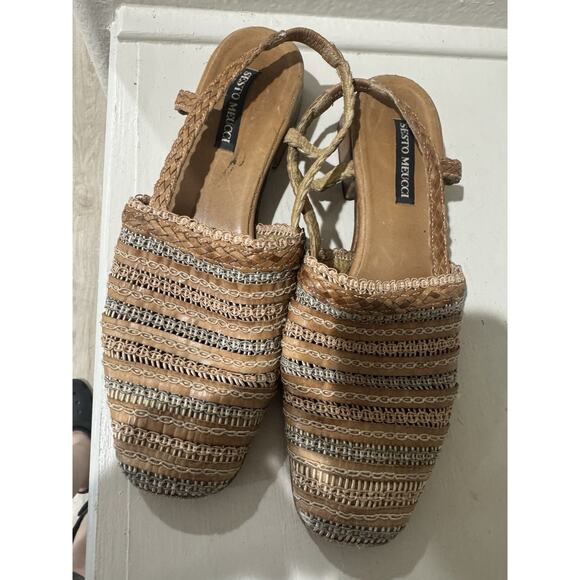Sesto Meucci Woven Square Toe Leather Flats With Strap Brown 8 Italy VINTAGE - Picture 1 of 5
